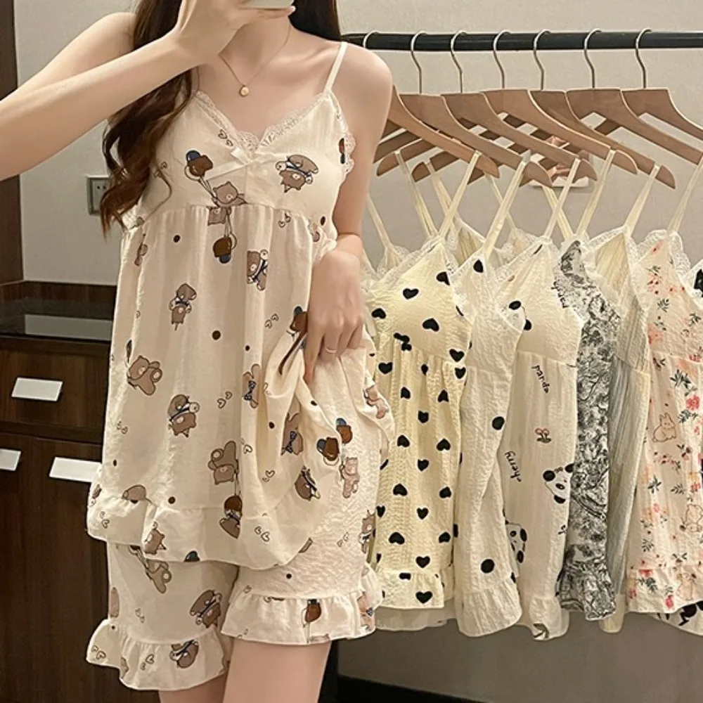 Homewear Flower Bear Suspender Shorts Suit Ruffle Sleeveless Lace Nightwear Sets Loose with Padded Camisole Shorts Pajamas Girl
Homewear Flower Bear Suspender Shorts Suit Ruffle Sleeveless Lace Nightwear Sets Loose with Padded Camisole Shorts Pajamas Girl