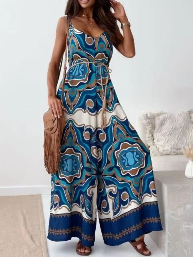 Women Boho Printed Jumpsuits 2025 Fashion Loose V-neck Suspender Sleeveless Backless Jumpsuits Wide-leg Pants With Belt Clothing
Women Boho Printed Jumpsuits 2025 Fashion Loose V-neck Suspender Sleeveless Backless Jumpsuits Wide-leg Pants With Belt Clothing