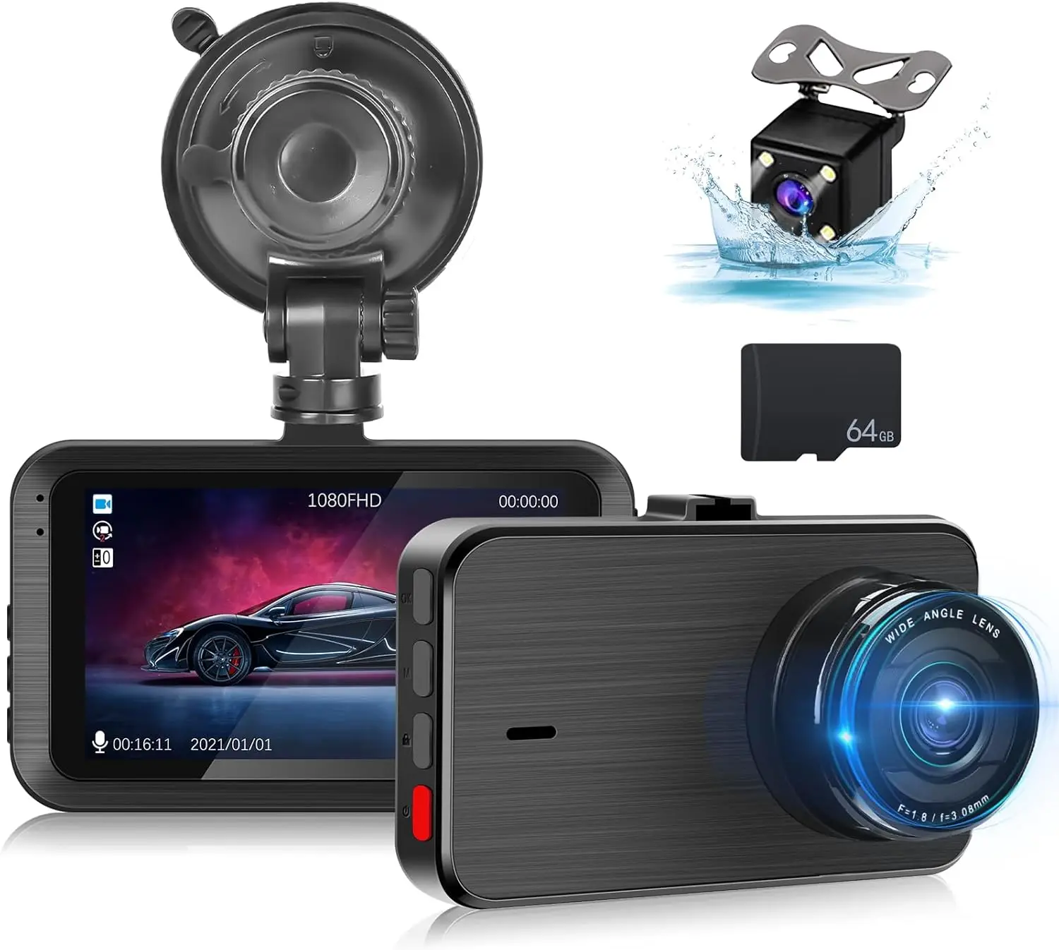 Dash Cam Front and Rear - 3 inch IPS Screen 1080P Full HD DVR Dash Camera for Cars with 64G SD Card - 150°Wide Angle Car
Dash Cam Front and Rear - 3 inch IPS Screen 1080P Full HD DVR Dash Camera for Cars with 64G SD Card - 150°Wide Angle Car