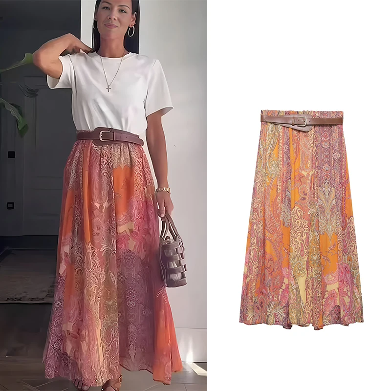 Women's Skirts Fashion Print belt Midi Skirt Spring Summer Women Waist High Skirts Vintage Female Elegant Long Skirts
Women's Skirts Fashion Print belt Midi Skirt Spring Summer Women Waist High Skirts Vintage Female Elegant Long Skirts