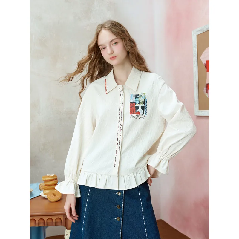 Artistic Ruffle Hem Embroidered Placket Printed Shirt for Women
Artistic Ruffle Hem Embroidered Placket Printed Shirt for Women