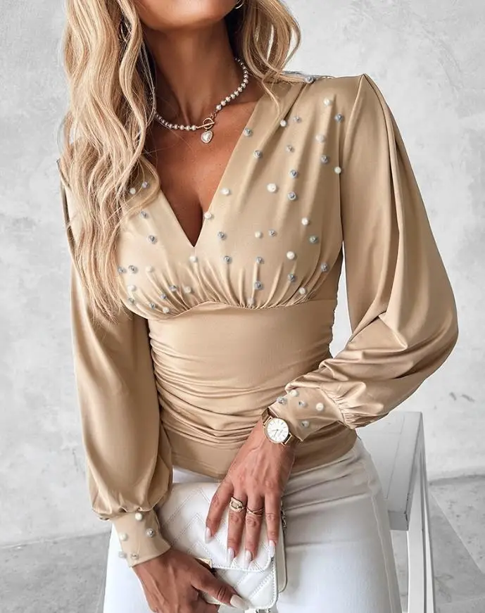 Women Casual Pearls Dec Cinch Blouse Female V-Neck Long Sleeve Tee Temperament Autumn New 2025 Women's Work Fashion T-Shirt
Women Casual Pearls Dec Cinch Blouse Female V-Neck Long Sleeve Tee Temperament Autumn New 2025 Women's Work Fashion T-Shirt