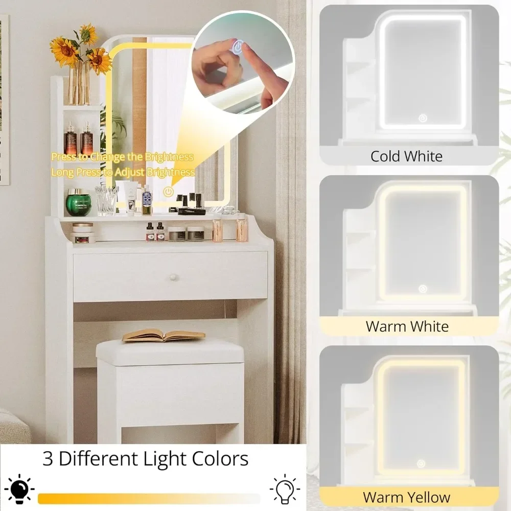 Furniture Small Makeup Dresser with Mirror and Light, Dresser Set Storage Drawers and Chairs & 3 Shelves, Bedroom - Furniture
Furniture Small Makeup Dresser with Mirror and Light, Dresser Set Storage Drawers and Chairs & 3 Shelves, Bedroom - Furniture