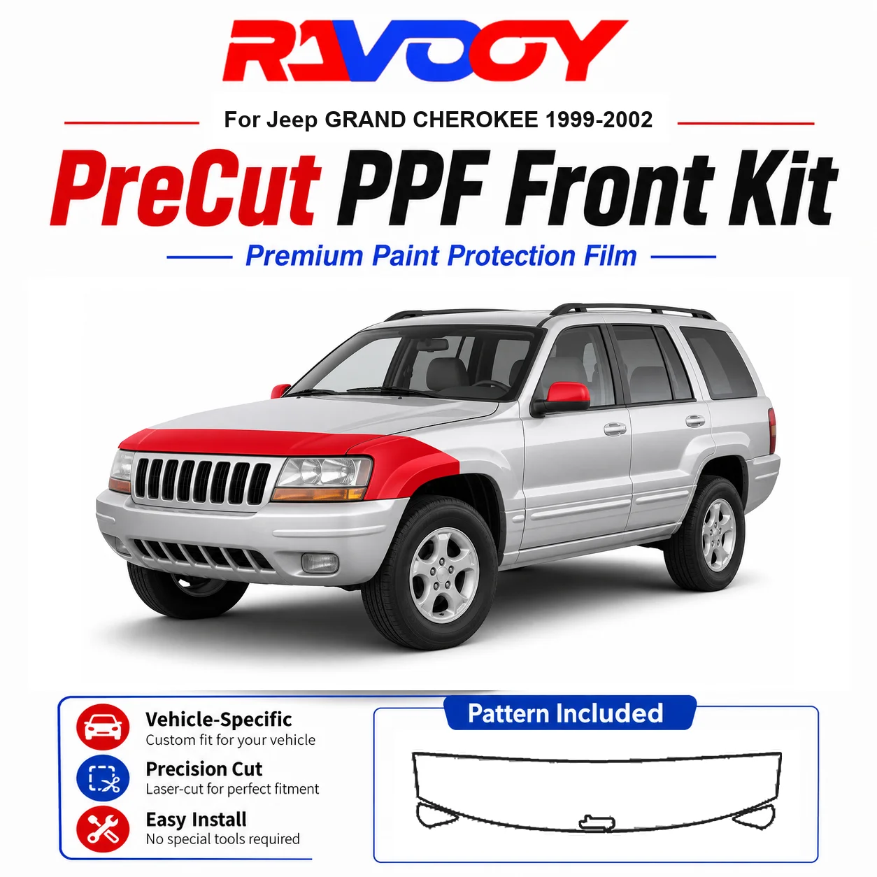 8.5mil TPU Precut PPF Kit For Jeep GRAND CHEROKEE 1999-2002 - Hood, Fenders & Mirror Set - Self-Healing Clear Bra Film
8.5mil TPU Precut PPF Kit For Jeep GRAND CHEROKEE 1999-2002 - Hood, Fenders & Mirror Set - Self-Healing Clear Bra Film