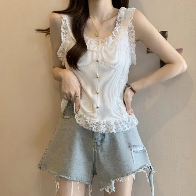 Femme Summer Fashion Simplicity Lace Button Solid Color O-neck Large Size Sleeveless Women Clothing Slim Appear Thin Short Sleev
Femme Summer Fashion Simplicity Lace Button Solid Color O-neck Large Size Sleeveless Women Clothing Slim Appear Thin Short Sleev