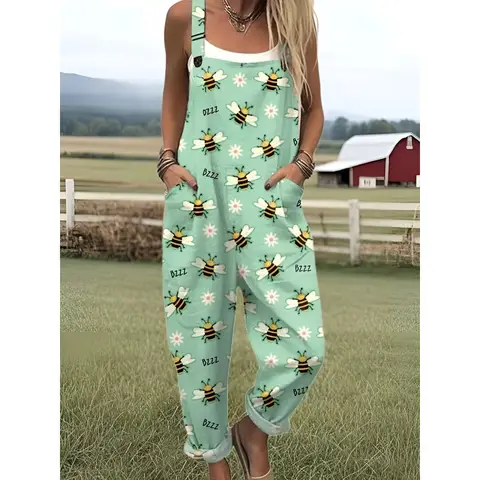 Relaxed Fit Women's Overalls with Cute Animals Patterns Fashion Jumpsuits Adjustable Design for Picnics and Country Outings
