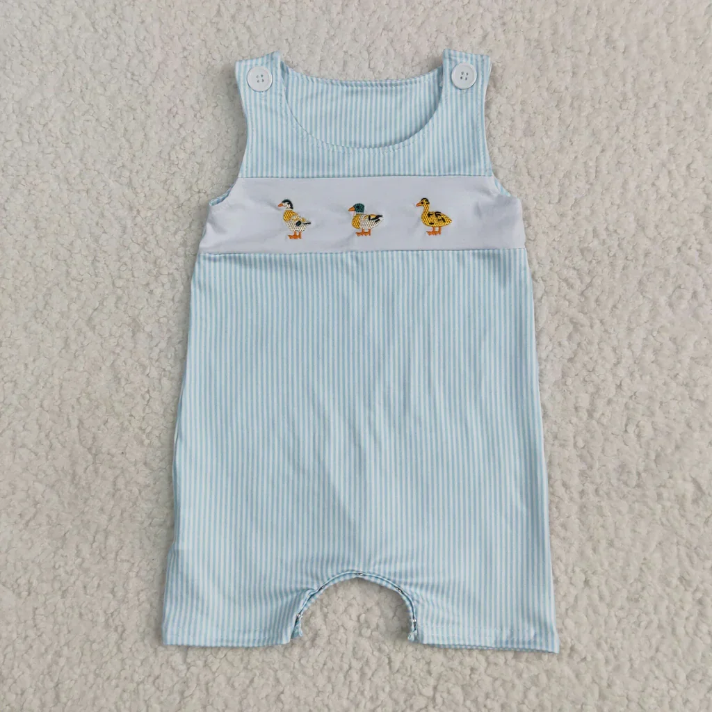 Cartoon 0-2 Years Jumpsuit Boutique Embroidery Mallard Ducks Blue Stripe Baby Boys Romper
Cartoon 0-2 Years Jumpsuit Boutique Embroidery Mallard Ducks Blue Stripe Baby Boys Romper