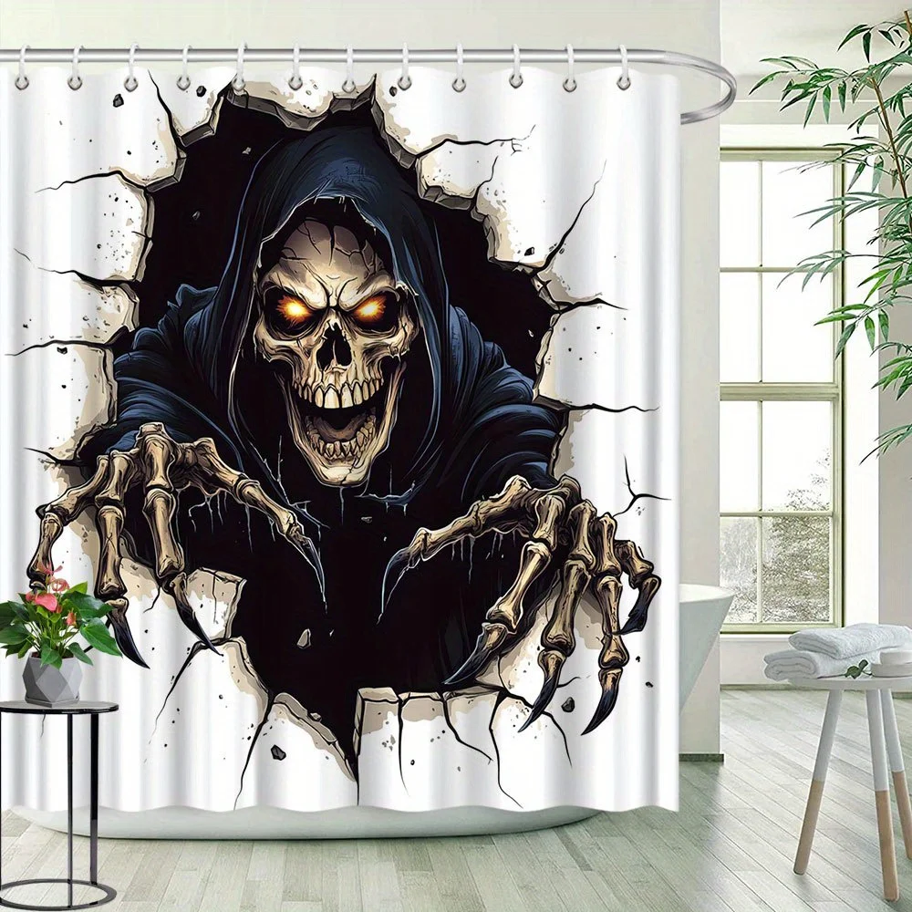1 шт., занавеска для душа с рисунком черепа на Хэллоуин, креативный дизайн, декор для ванной комнаты, полиэфирная ткань с 12 крючками
1 шт., занавеска для душа с рисунком черепа на Хэллоуин, креативный дизайн, декор для ванной комнаты, полиэфирная ткань с 12 крючками