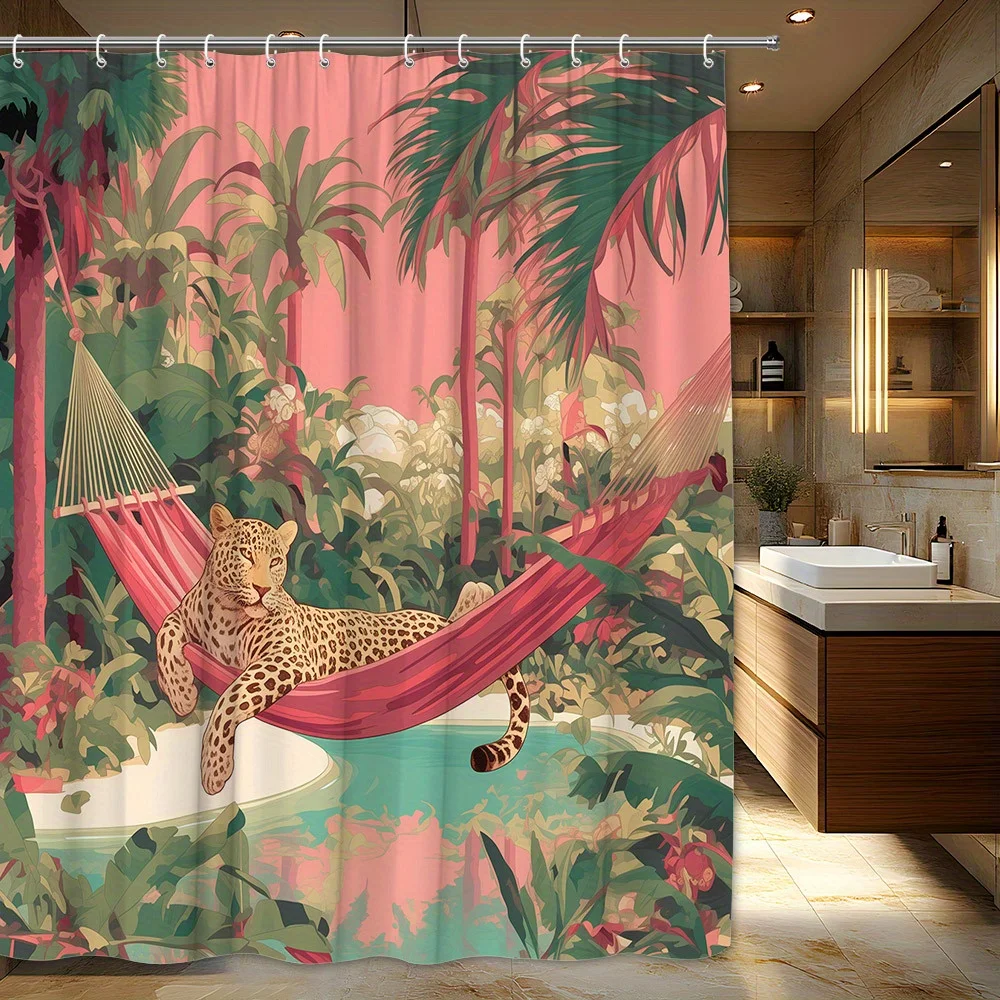 1pc Tropical Jungle Shower Curtain with Golden Leopard in Red Hammock - Vibrant Polyester Fabric 70x70 Inches, Includes 12 Hooks
1pc Tropical Jungle Shower Curtain with Golden Leopard in Red Hammock - Vibrant Polyester Fabric 70x70 Inches, Includes 12 Hooks