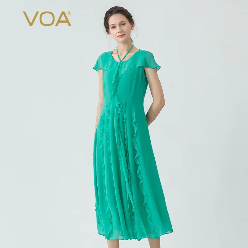 VOA 12m/m Georgette Silk Green Neck-mounted Ruffles Three-dimensional Embellishment Short-sleeved Double Layer Silk Dress AE1505
VOA 12m/m Georgette Silk Green Neck-mounted Ruffles Three-dimensional Embellishment Short-sleeved Double Layer Silk Dress AE1505