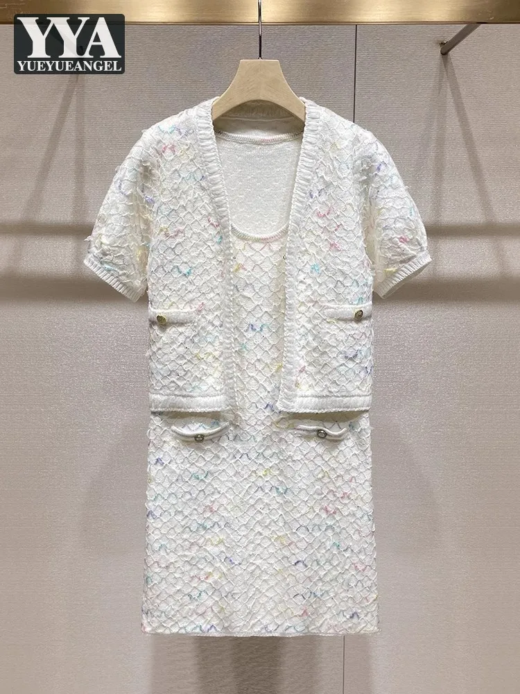 Women Casual Fashion Knitted Short Sleeve Cardigan Tank Dress Two Piece Set New Summer Office Ladies Elegant Matching Set Outfit
Women Casual Fashion Knitted Short Sleeve Cardigan Tank Dress Two Piece Set New Summer Office Ladies Elegant Matching Set Outfit