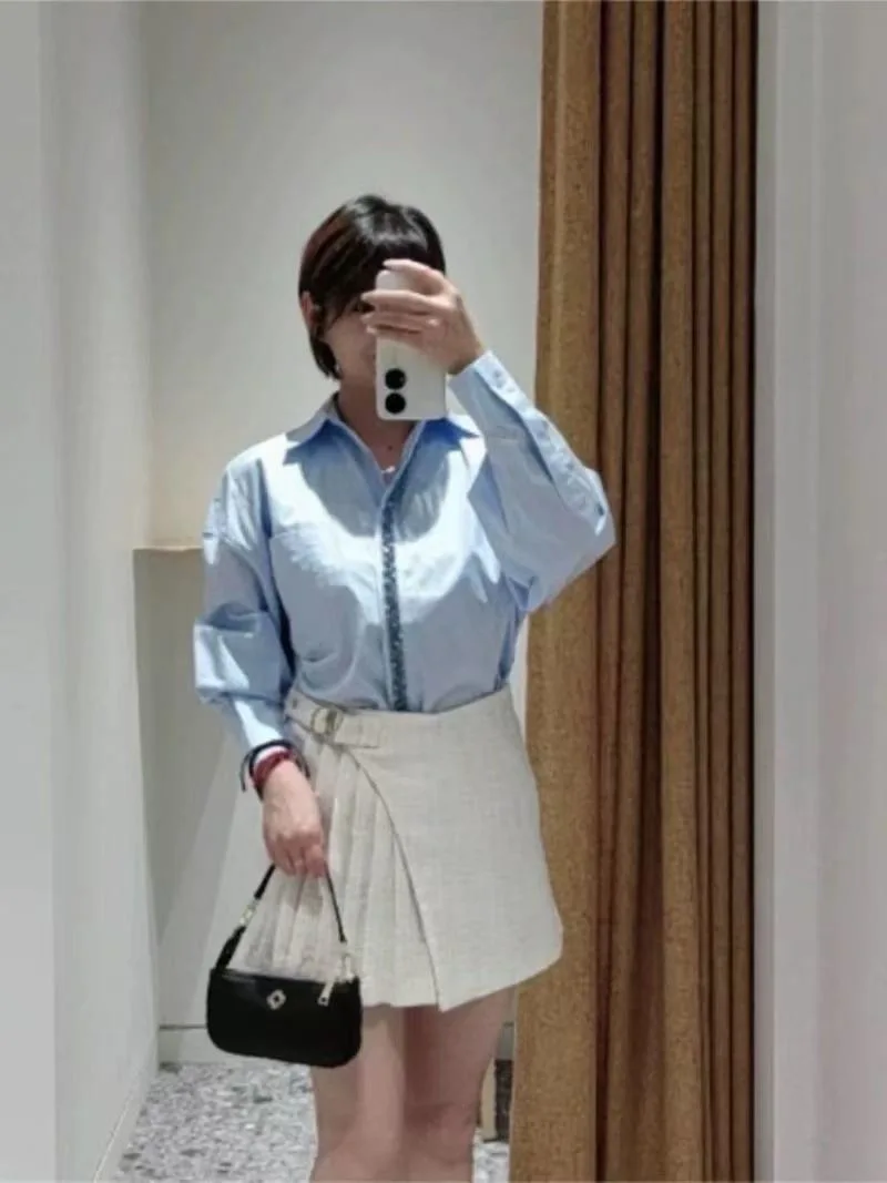 Long Sleeved Loose Shirt, Fashionable and Comfortable, with Pearl Studded Edges, Blue Top for Women, M French Style, Niche 25
Long Sleeved Loose Shirt, Fashionable and Comfortable, with Pearl Studded Edges, Blue Top for Women, M French Style, Niche 25