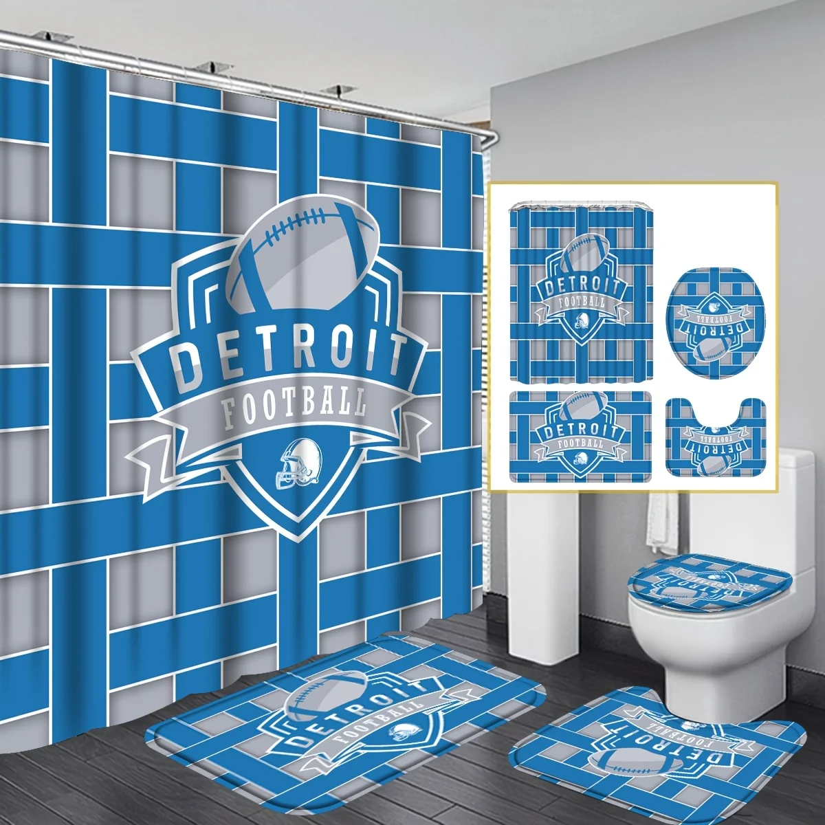 Detroit Football Bathroom Four-Piece Set - Sports-Themed Waterproof Shower Curtain for a Complete Bathroom Set
Detroit Football Bathroom Four-Piece Set - Sports-Themed Waterproof Shower Curtain for a Complete Bathroom Set