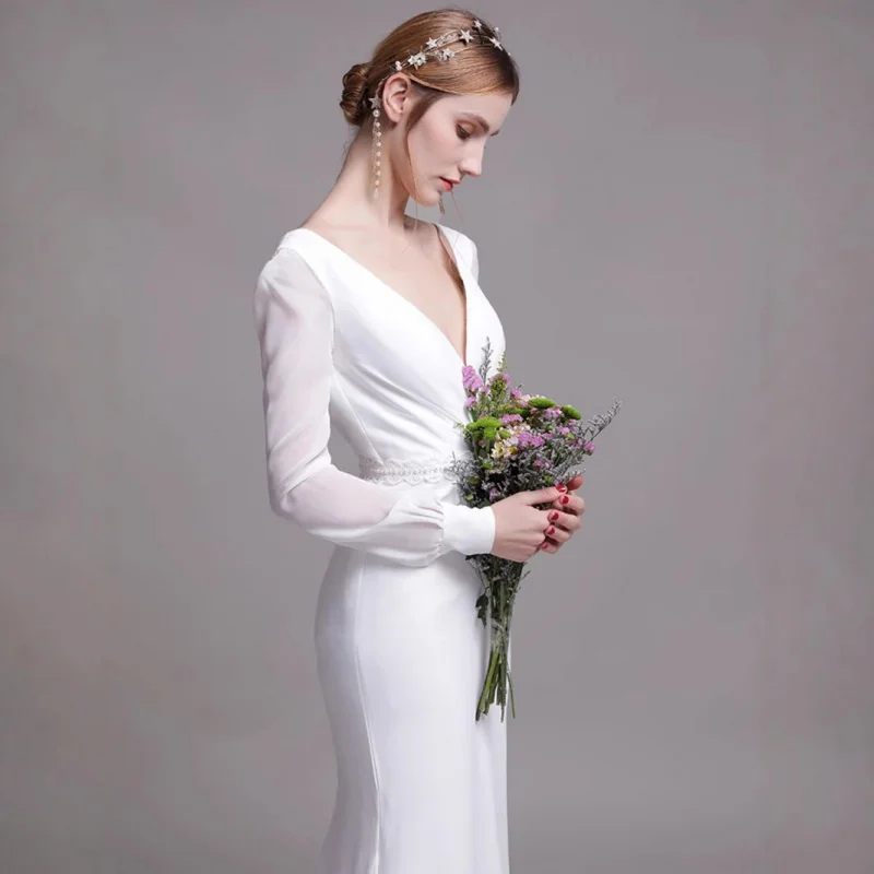 French Style Light Wedding Dress Bride Simple Elegant White Long Sleeve Lace Mermaid Long Train Gown Dress for Going Out Lawn
French Style Light Wedding Dress Bride Simple Elegant White Long Sleeve Lace Mermaid Long Train Gown Dress for Going Out Lawn