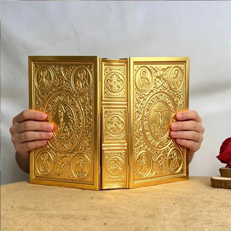 Gold Plated Orthodox Gospel Cover with Enamel Finish, Apostle Icons & Embossed Details for Church Altar Religious Service Decor
Gold Plated Orthodox Gospel Cover with Enamel Finish, Apostle Icons & Embossed Details for Church Altar Religious Service Decor