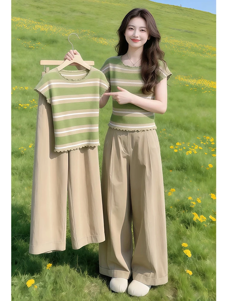 Summer Two-Piece Set Striped Knitted Top High Waist Wide Leg Pants Breathable Casual Style for Women in China
Summer Two-Piece Set Striped Knitted Top High Waist Wide Leg Pants Breathable Casual Style for Women in China