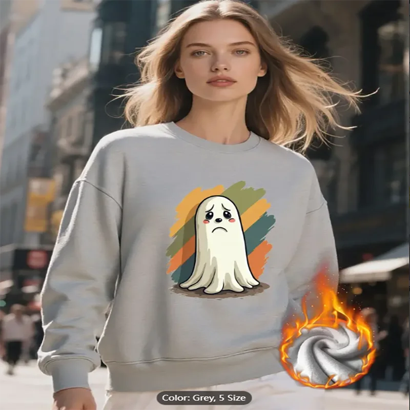 Womens Grey Sweatshirt Sad Ghost Graphic Print Fleece Lined Casual Oversized Pullover Top for Halloween Style Lovers Pure Cotton
Womens Grey Sweatshirt Sad Ghost Graphic Print Fleece Lined Casual Oversized Pullover Top for Halloween Style Lovers Pure Cotton
