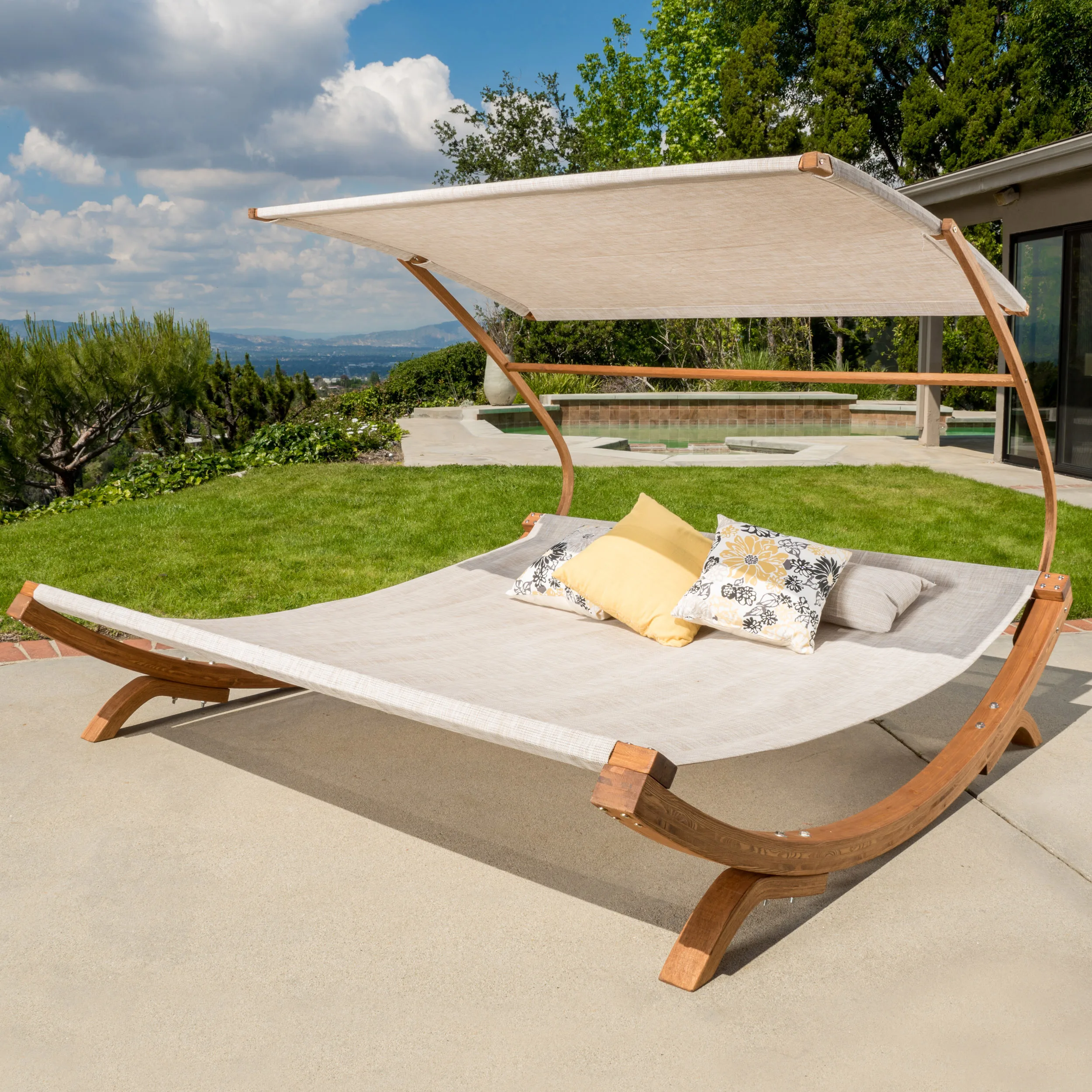 Double Sunbed with Adjustable Canopy, Water - Resistant Frame & 2 Pillows - Perfect for Outdoor Patio Lounge 
Double Sunbed with Adjustable Canopy, Water - Resistant Frame & 2 Pillows - Perfect for Outdoor Patio Lounge