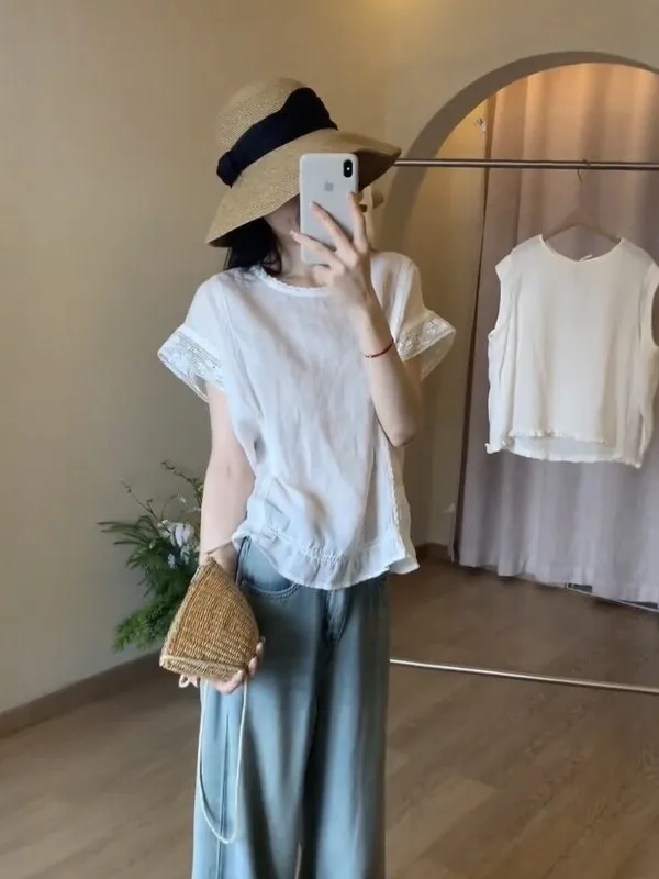 French Style Loose Fit Linen Shirt Women's Short Sleeve Lace Trim Beautiful Unique Young Looking Summer Top Breathable Skin-F...
French Style Loose Fit Linen Shirt Women's Short Sleeve Lace Trim Beautiful Unique Young Looking Summer Top Breathable Skin-F...