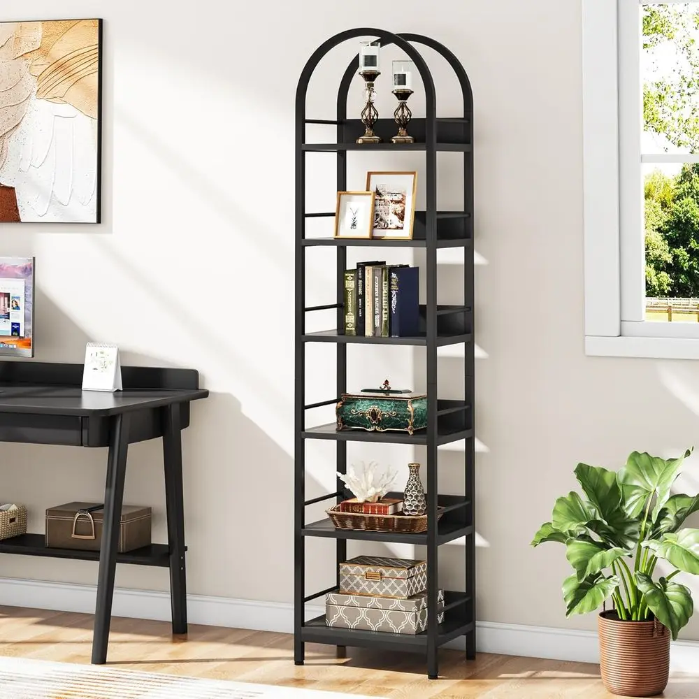 6-Tier Slim Black Metal Frame Bookcase for Living Room, Study, or Bedroom - Tall Narrow Shelving Solution
6-Tier Slim Black Metal Frame Bookcase for Living Room, Study, or Bedroom - Tall Narrow Shelving Solution