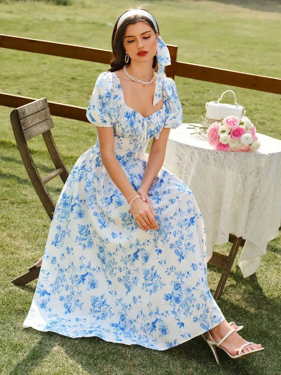 Blue Rose Print Midi Dress With Puff Sleeves Square Neck And Free Headband For Spring Summer Casual Or Party Wear
Blue Rose Print Midi Dress With Puff Sleeves Square Neck And Free Headband For Spring Summer Casual Or Party Wear