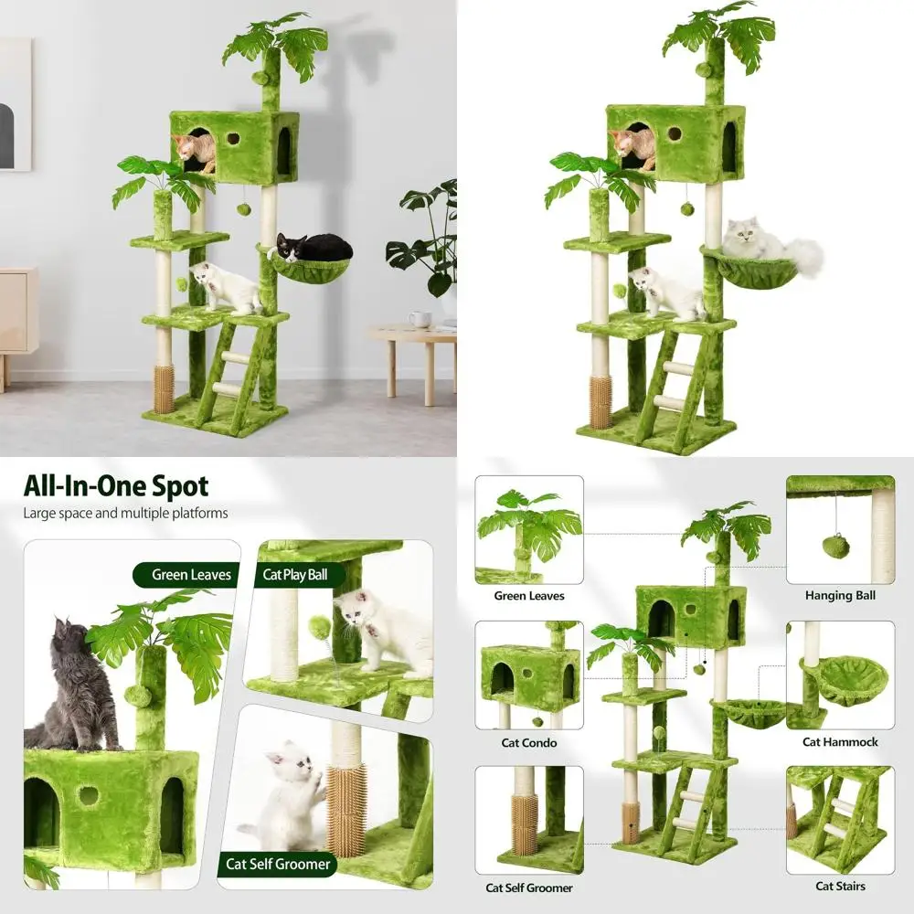Зеленое комнатное дерево-когтеточка для кошек с листьями, гамаком, лежанкой, шариком-качалкой, самоочищающимся массажером для шерсти и лестницей
Зеленое комнатное дерево-когтеточка для кошек с листьями, гамаком, лежанкой, шариком-качалкой, самоочищающимся массажером для шерсти и лестницей