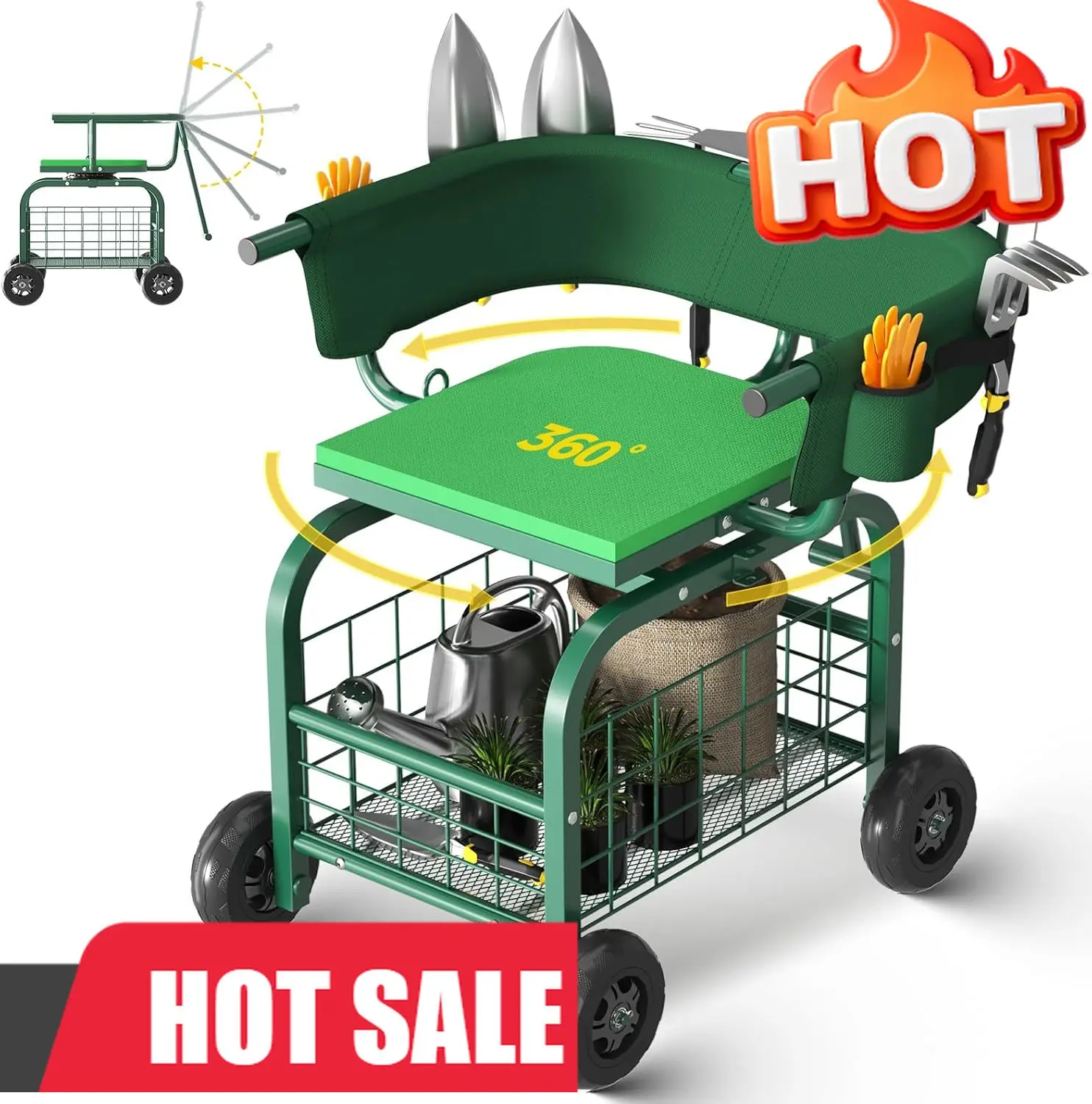 Garden Seat with Wheels, Rolling Gardening Stool with 360° Swivel Seat & Backrest,Tool Storage Basket & Back Tool Pouch, Adjusta
Garden Seat with Wheels, Rolling Gardening Stool with 360° Swivel Seat & Backrest,Tool Storage Basket & Back Tool Pouch, Adjusta