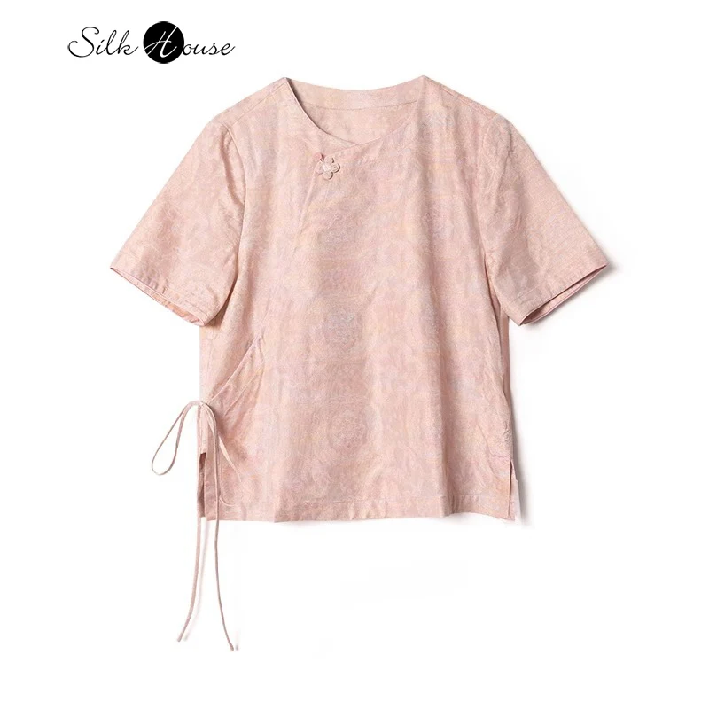 New Chinese Slanted Collar Buckle Plate 95% Natural Mulberry Silk 5% Mother of Pearl Women's Round Neck Short Sleeved T-shirt
New Chinese Slanted Collar Buckle Plate 95% Natural Mulberry Silk 5% Mother of Pearl Women's Round Neck Short Sleeved T-shirt