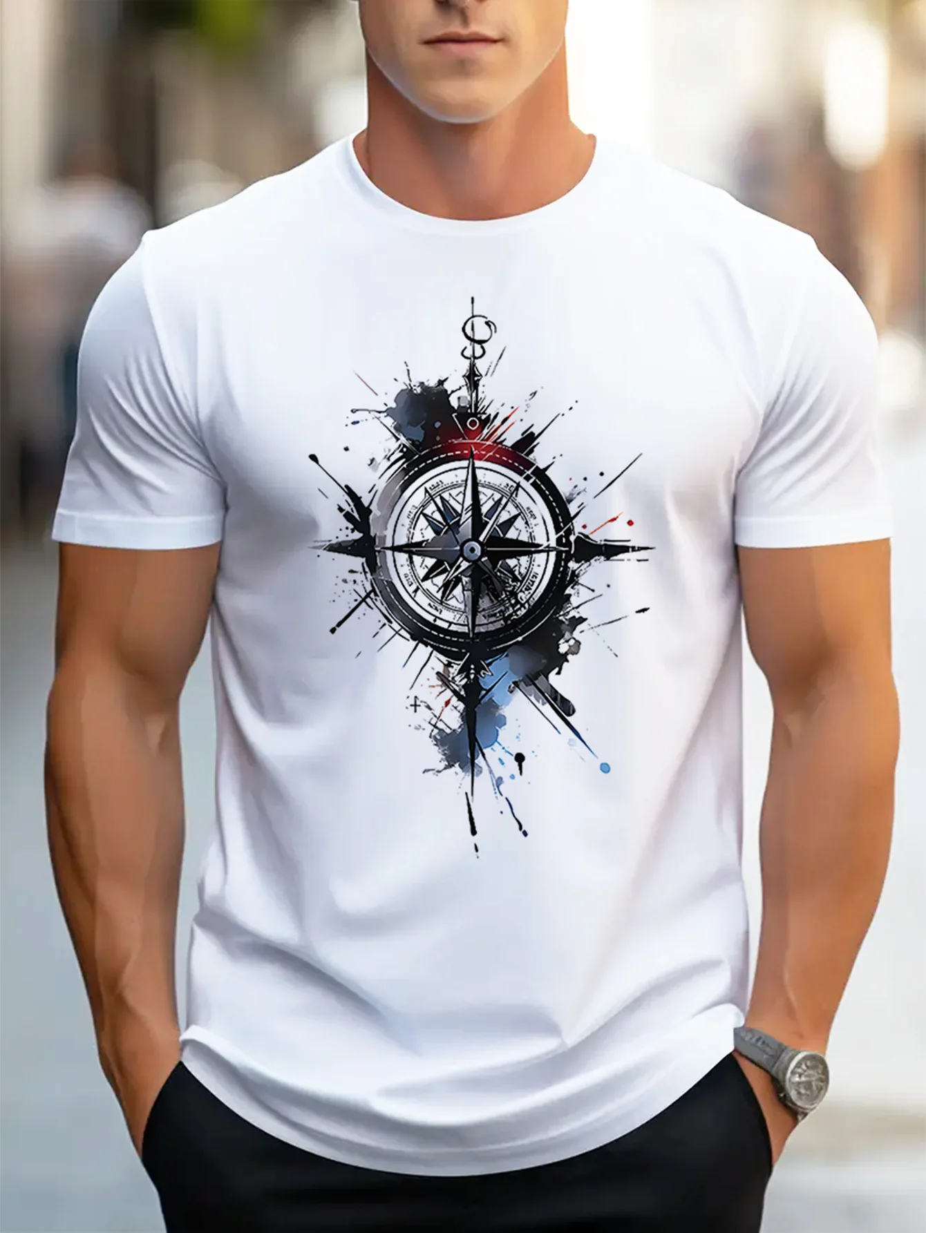 Men's Casual Short Sleeve T-Shirt with Compass Print - Breathable Polyester Round Neck Tee, Machine Washable Lightweight Summer
Men's Casual Short Sleeve T-Shirt with Compass Print - Breathable Polyester Round Neck Tee, Machine Washable Lightweight Summer