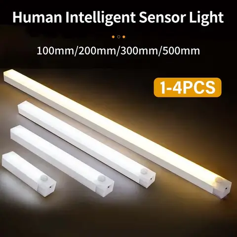 1-4Pcs Rechargeable PIR Motion Sensor LED Bar Lights Human Infared Induction Night Light Portable Cabinet Light 10/20/30/50cm
