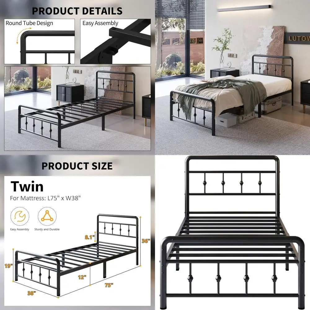 Victorian Style 12 Twin Metal Bed Frame with Headboard, Footboard, No Box Spring, Quiet, Easy Assembly, Black
Victorian Style 12 Twin Metal Bed Frame with Headboard, Footboard, No Box Spring, Quiet, Easy Assembly, Black