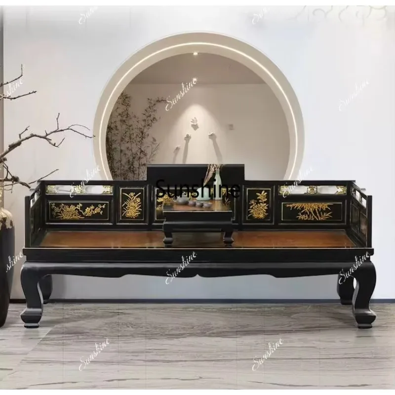 New Chinese Arhat bed retro black lacquer classical gold-painted carved rattan couch
New Chinese Arhat bed retro black lacquer classical gold-painted carved rattan couch