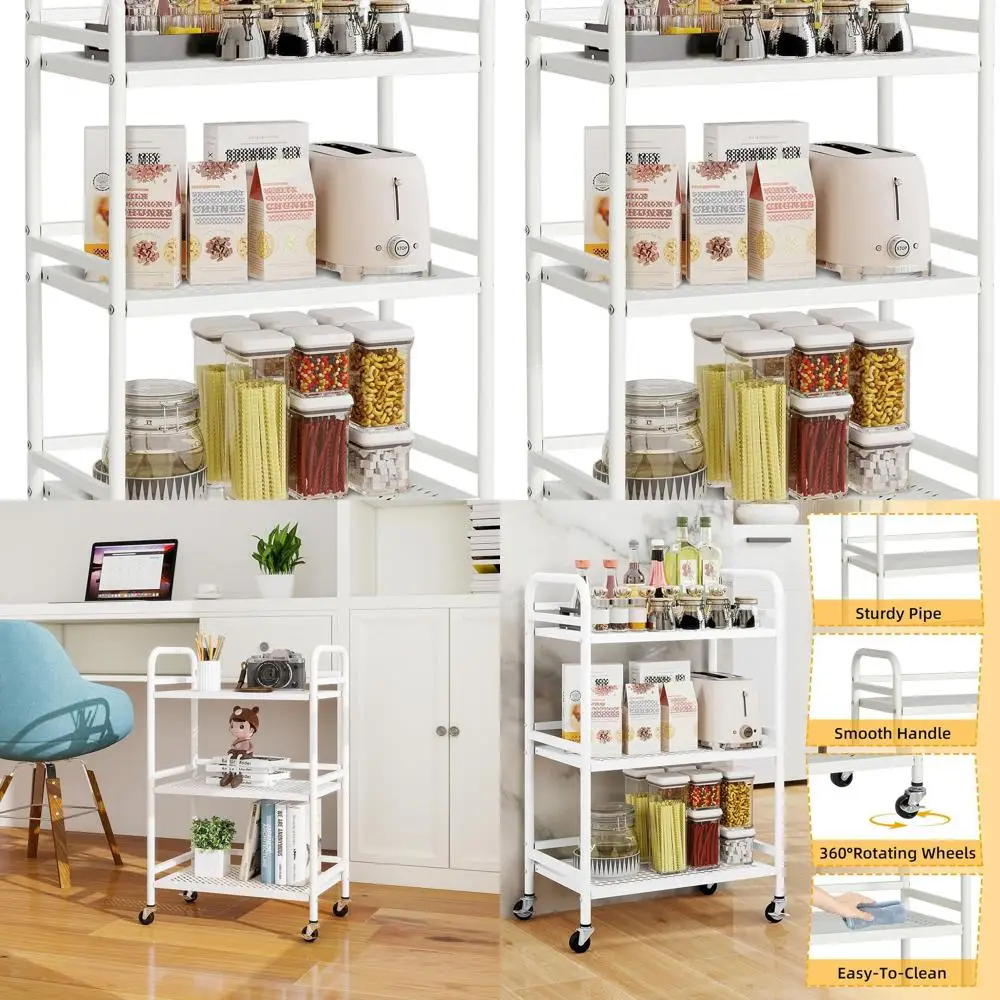 Прочная трехъярусная металлическая тележка на колесиках — вмещает по 22 фунта, с 2 запираемыми колесами для дома, офиса, кухни и ванны (белая)
Прочная трехъярусная металлическая тележка на колесиках — вмещает по 22 фунта, с 2 запираемыми колесами для дома, офиса, кухни и ванны (белая)