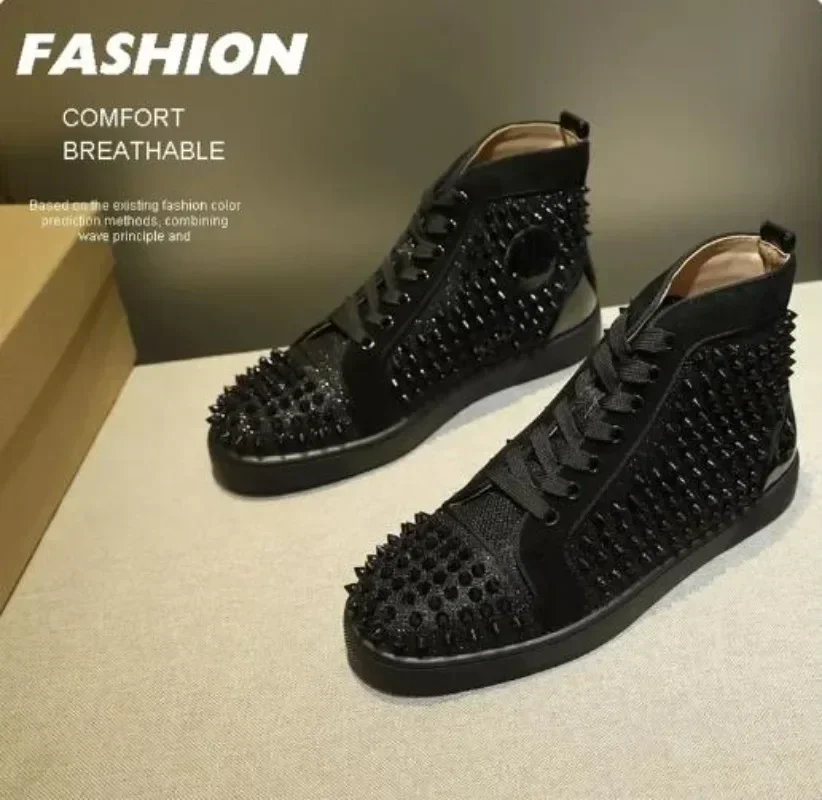 New Designer Luxury Men's Shoes Women's High Top Black Leather Rivets Red-soled Shoe Casual Flat Loafers Spike Tennis Sneakers
New Designer Luxury Men's Shoes Women's High Top Black Leather Rivets Red-soled Shoe Casual Flat Loafers Spike Tennis Sneakers