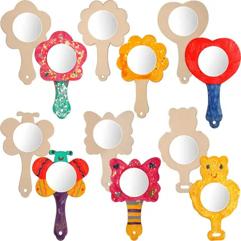 12Pcs Wooden Decorate Mirrors DIY Painting Mirror Unfinished Graffiti Wooden Princess Mirror Children'S Makeup Toy Beauty tools