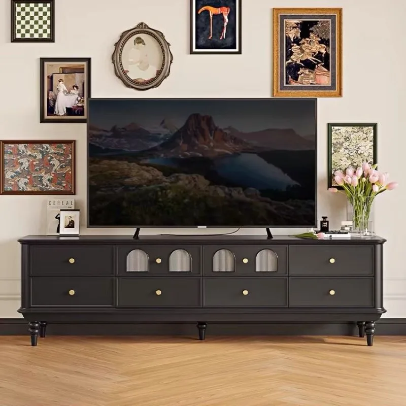 black solid wood glass TV cabinet coffee table, American light luxury small apartment living room combination
black solid wood glass TV cabinet coffee table, American light luxury small apartment living room combination