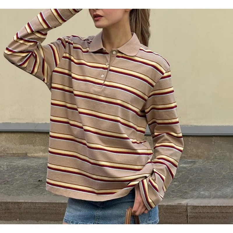 2025 Fall/Winter New High-end Long-Sleeved Striped T-Shirt Women's Polo Collar Loose Body Shirt Trendy Retro Bottom Shirt
2025 Fall/Winter New High-end Long-Sleeved Striped T-Shirt Women's Polo Collar Loose Body Shirt Trendy Retro Bottom Shirt