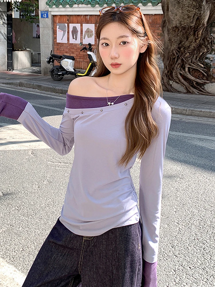 Slim Fit oulder Bared Long Sve T irt for Women Spring New Sle Rivet False Two Piece Hot Girl Sle Commute Suitable
Slim Fit oulder Bared Long Sve T irt for Women Spring New Sle Rivet False Two Piece Hot Girl Sle Commute Suitable