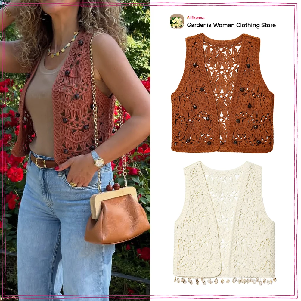Aesthetic Women Knit Open Vest with Armholes and Shell Appliqués & Summer Stylish Sleeveless Open-front Cropped Beaded Knit Vest
Aesthetic Women Knit Open Vest with Armholes and Shell Appliqués & Summer Stylish Sleeveless Open-front Cropped Beaded Knit Vest