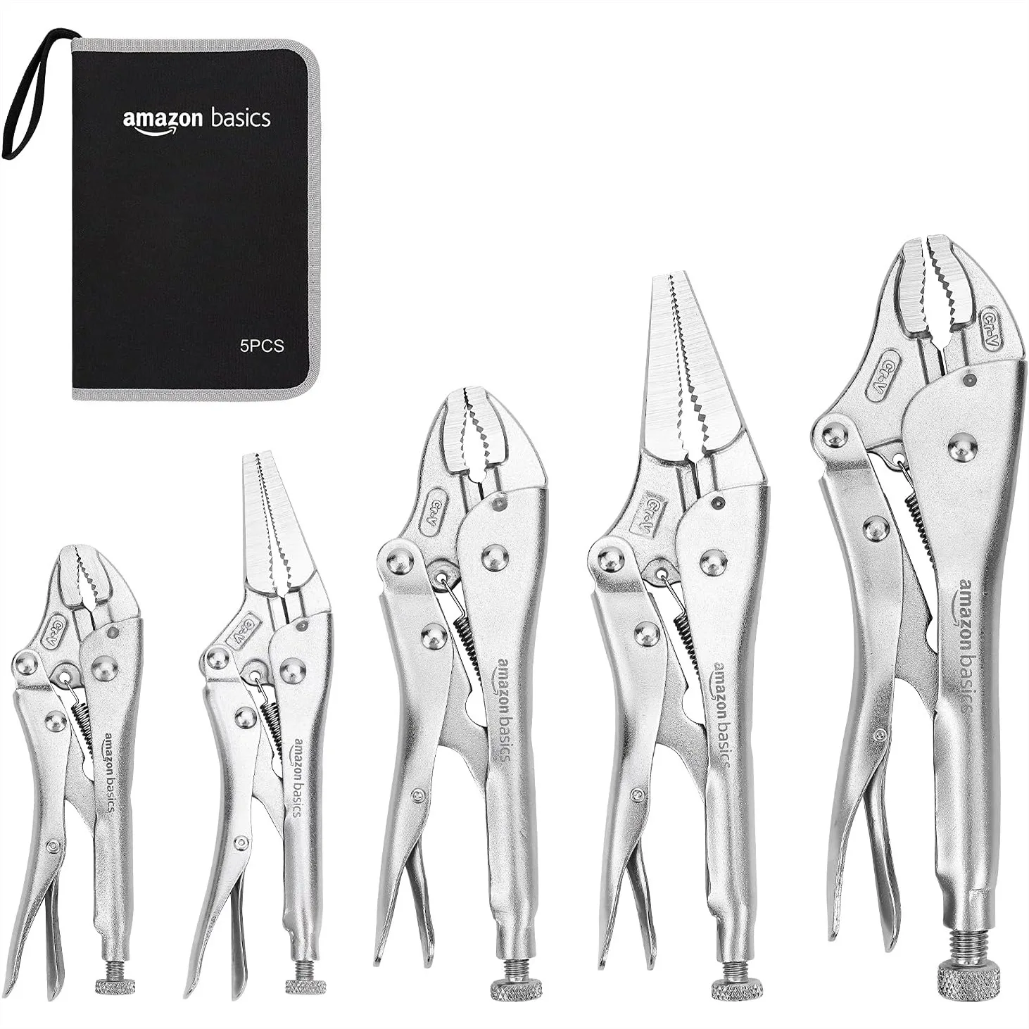 5-Piece CR-V Locking Pliers Set With Wire Cutters Straight And Curved Jaw 6.5-10 Inch Silver Carrying Case
5-Piece CR-V Locking Pliers Set With Wire Cutters Straight And Curved Jaw 6.5-10 Inch Silver Carrying Case
