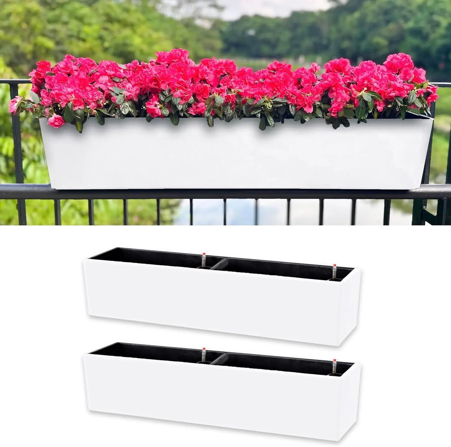 Extra Large 40" Self-Watering Window Flower Box with Brackets, 2 Pack - White Rectangular Planter for Deck Rail, Fence, Balcony
Extra Large 40" Self-Watering Window Flower Box with Brackets, 2 Pack - White Rectangular Planter for Deck Rail, Fence, Balcony