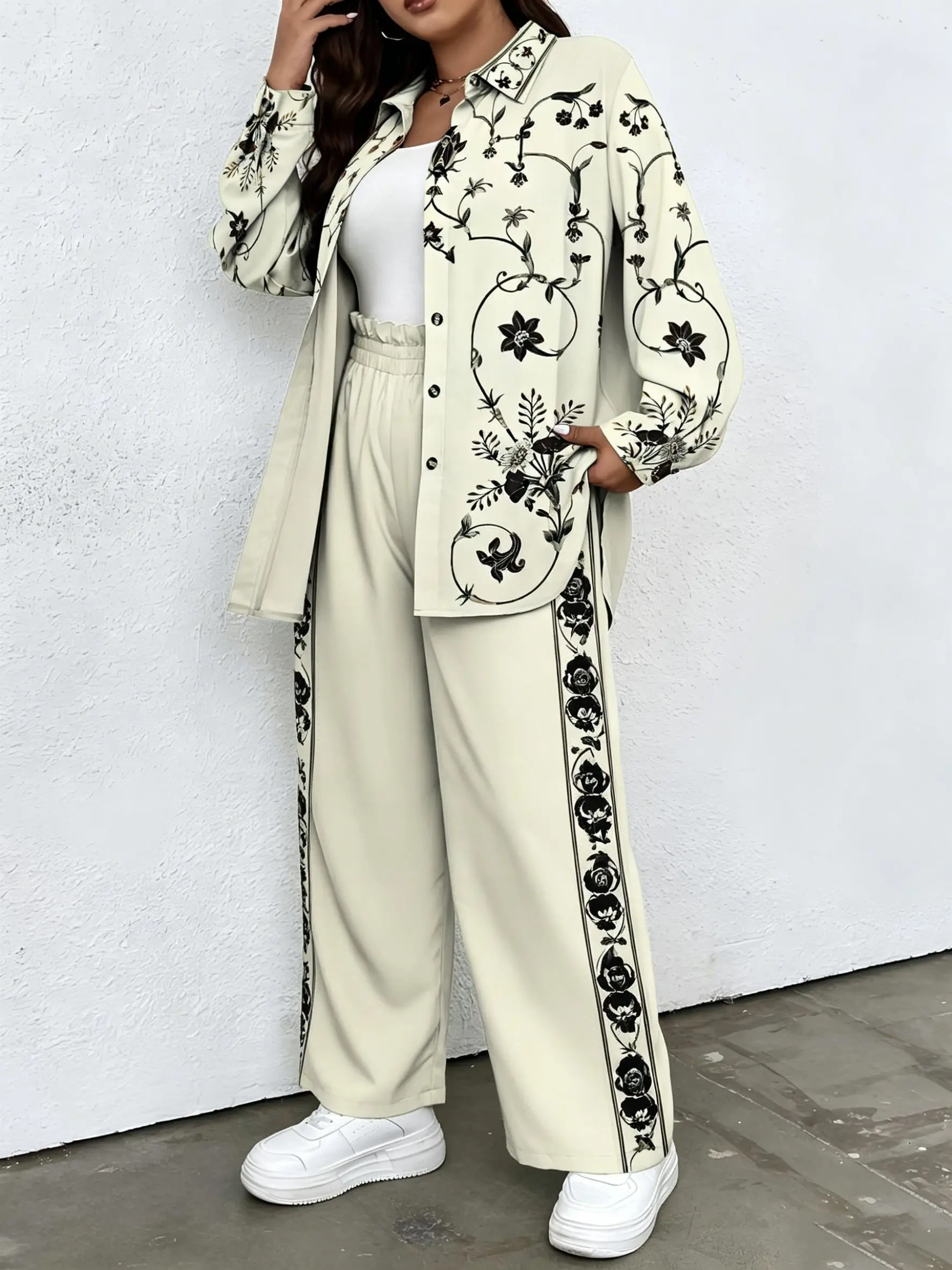 Plus Size Black Floral Vine Printed Co-ord Set - Loose Fit Shirt and Wide Leg Pants with Floral Trim Fashion Long Pants Suits
Plus Size Black Floral Vine Printed Co-ord Set - Loose Fit Shirt and Wide Leg Pants with Floral Trim Fashion Long Pants Suits