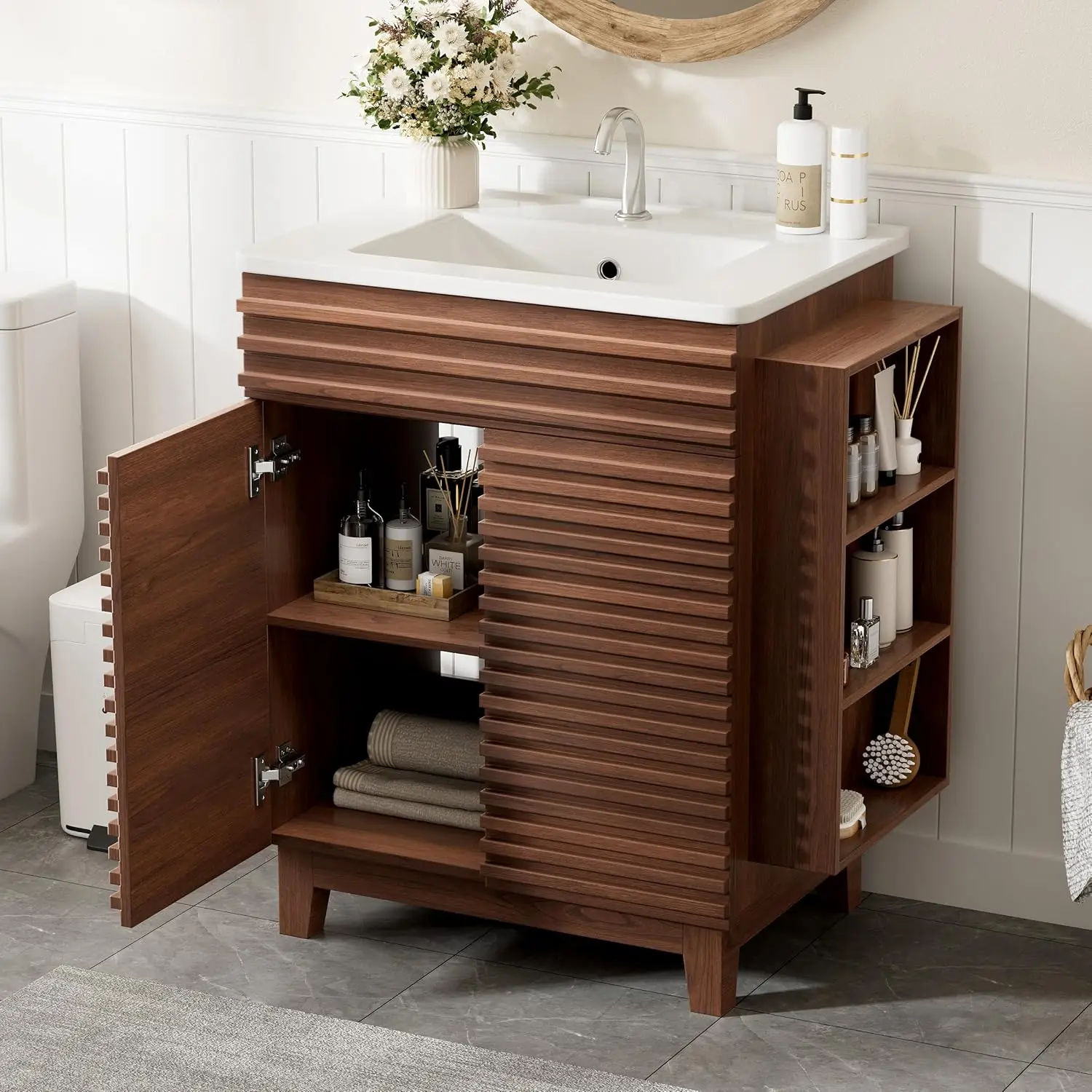 29in Mid-Century Bathroom Vanity Cabinet with Sink 3 Open Shelves 1 Drawer Freestanding Walnut, Customized
29in Mid-Century Bathroom Vanity Cabinet with Sink 3 Open Shelves 1 Drawer Freestanding Walnut, Customized