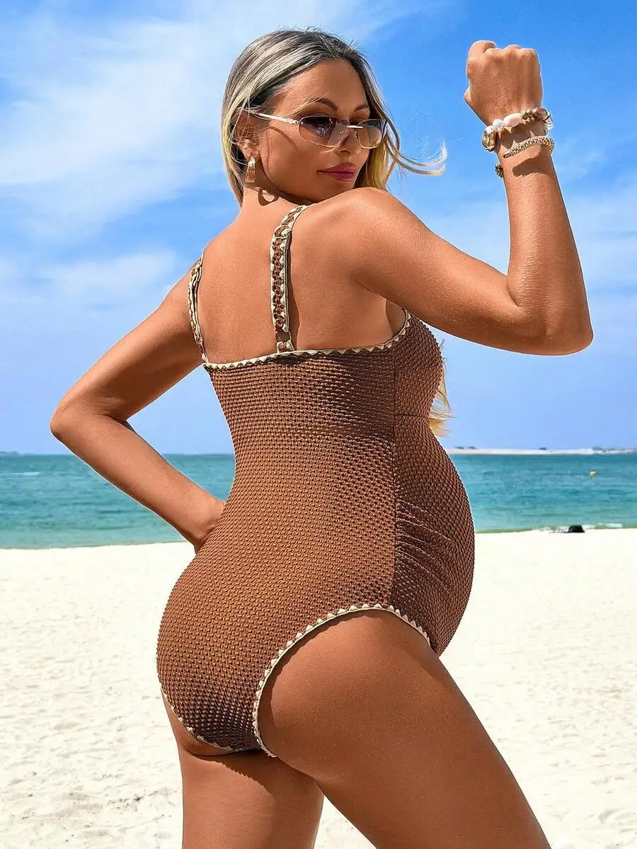 Maternity One-Piece Swimsuit With Floral Trim For Beach Vacation
Maternity One-Piece Swimsuit With Floral Trim For Beach Vacation