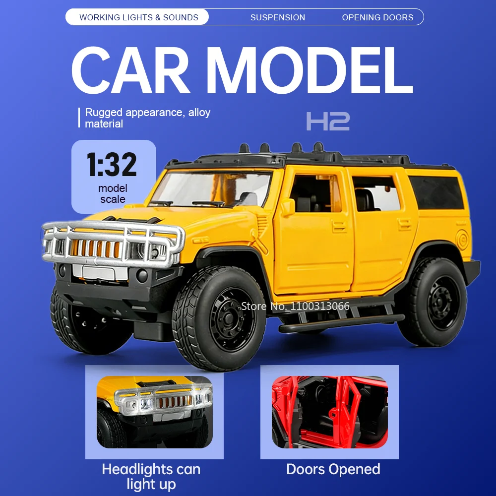 1:32 H2 Prado Off-road Vehicle Miniature Alloy Diecast Toy Car Model Doors Opened Sound and Light Pull Back Vehices Gift for Kid
1:32 H2 Prado Off-road Vehicle Miniature Alloy Diecast Toy Car Model Doors Opened Sound and Light Pull Back Vehices Gift for Kid