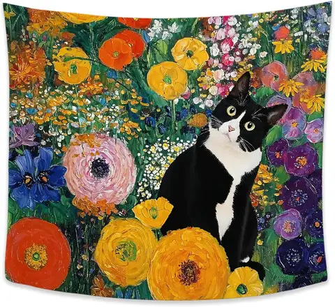 Siyah ve beyaz kedi çiçekli bahçe goblen duvar asılı polyester dekoratif sanat ev oturma odası için boho dekor tuval perde