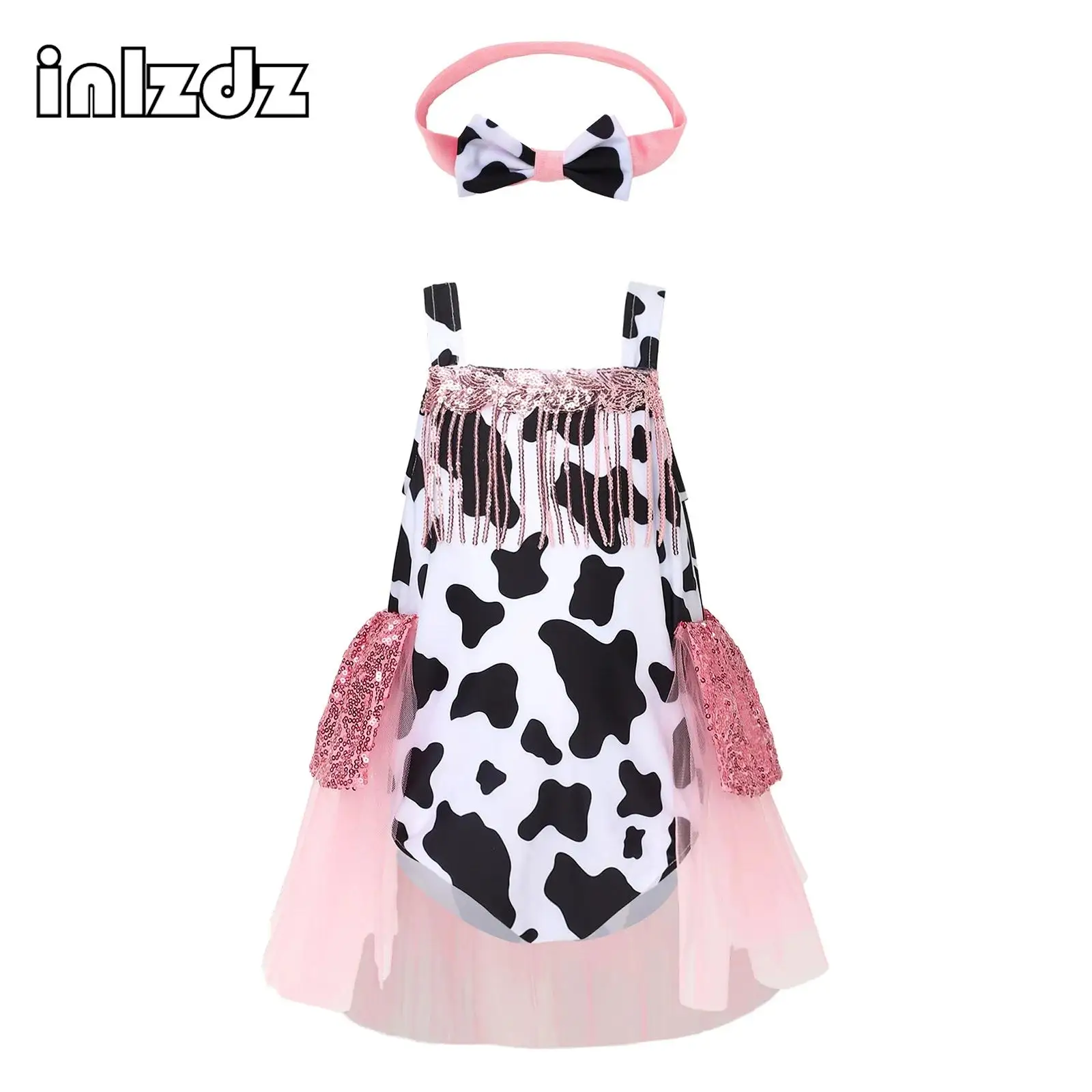 Kids Girls Western Cowgirl Bodysuit Tutu Dress Cow-spot Printed Tassel Tulle Skirted Sling Leotard with Bow Headwear for Party
Kids Girls Western Cowgirl Bodysuit Tutu Dress Cow-spot Printed Tassel Tulle Skirted Sling Leotard with Bow Headwear for Party