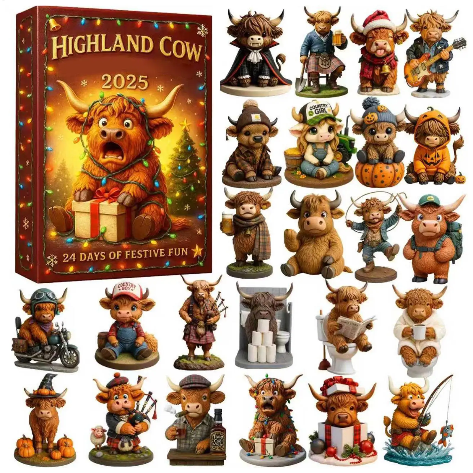 24pcs Christmas Advent Calendar 24 days 3D Rubber Highland Cow Ornaments Christmas Tree Decorations xmas Countdown Gifts
24pcs Christmas Advent Calendar 24 days 3D Rubber Highland Cow Ornaments Christmas Tree Decorations xmas Countdown Gifts