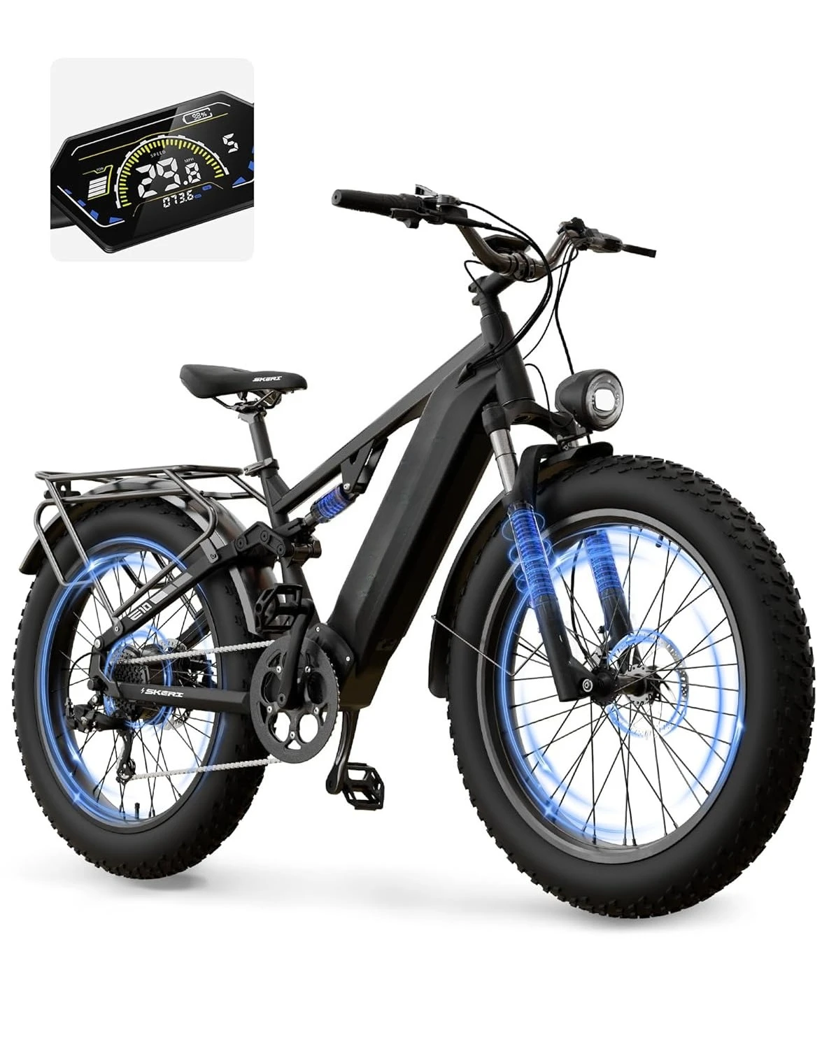1000W 28MPH Electric Bike All-Terrain Fat Tire Full Suspension 48V 20Ah 85Mi 26in Aluminum Frame, Custom
1000W 28MPH Electric Bike All-Terrain Fat Tire Full Suspension 48V 20Ah 85Mi 26in Aluminum Frame, Custom