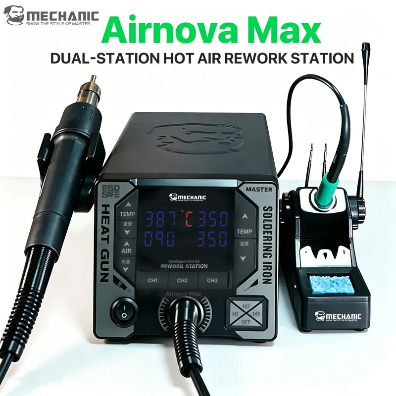 MECHANIC Airnova Max Dual Station Hot Air Rework Station Hot Air Gun Soldering Iron For Phone PCB Electronics Repair Tools
MECHANIC Airnova Max Dual Station Hot Air Rework Station Hot Air Gun Soldering Iron For Phone PCB Electronics Repair Tools